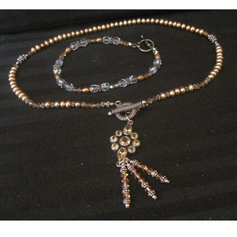 Vintage STERLING SILVER Citrine Gemstones Crystal Necklace & Bracelet Set Parure